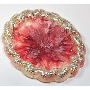 Handmade Resin Oval Tray 6x5 Braided Rim Red Rose Pink Glitter Bloom Sparkle Art